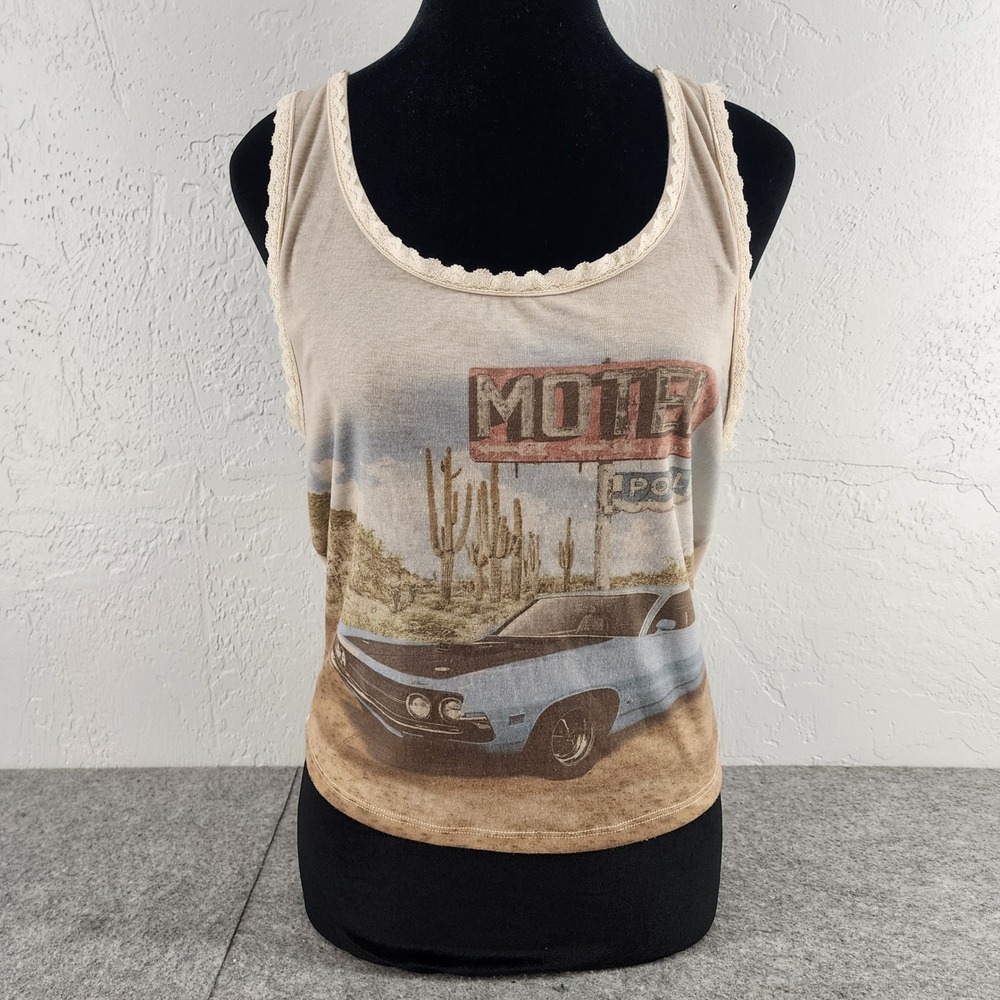 Ford Motel Desert Graphic Lace Trim Tank Top Tan Y2K Western Womens Large